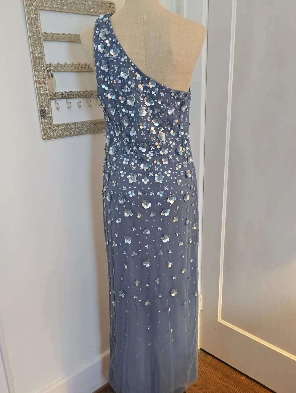 Adrianna Papell One-Shoulder Sequin Floral Gown in Dusty Blue